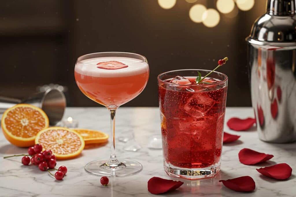 Cocktail sans alcool romantique préparé au shaker à base de Djin Passion et de groseille